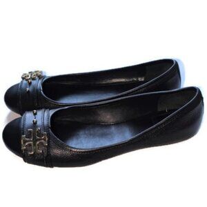 TORY BURCH SHOES FLATS Elina Ballet Flat Logo Black Leather 7.5